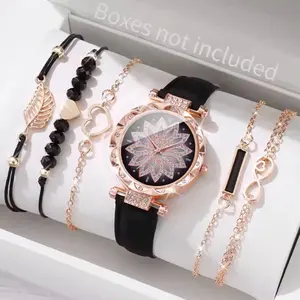 6PCS/Set Fashion Heart Dial Women's Watch Casual Leather Band Analog Quartz Watch Leaf Bracelets Set（Without Box）