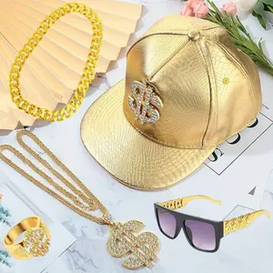 5PCS 80s 90s Hip-Hop Costume Kit with Golden Money Chain, Dollar Sign Cap, Punk Fashion Glasses - Heavy-Duty Rapper Accessory Set for Men Women, for Rap Parties, Themed Costumes summervibes