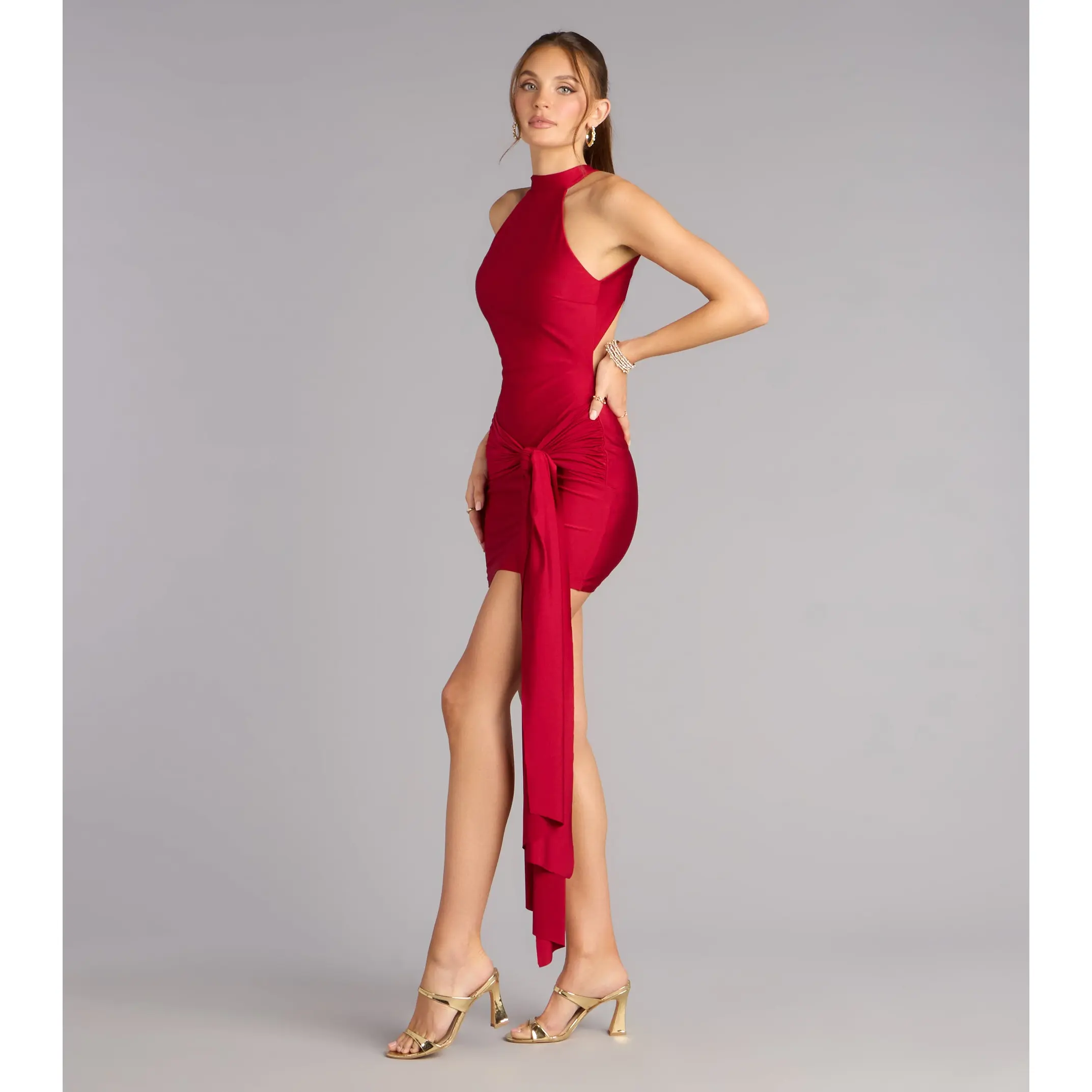 Red Carpet Rules Front Sash Mini Dress