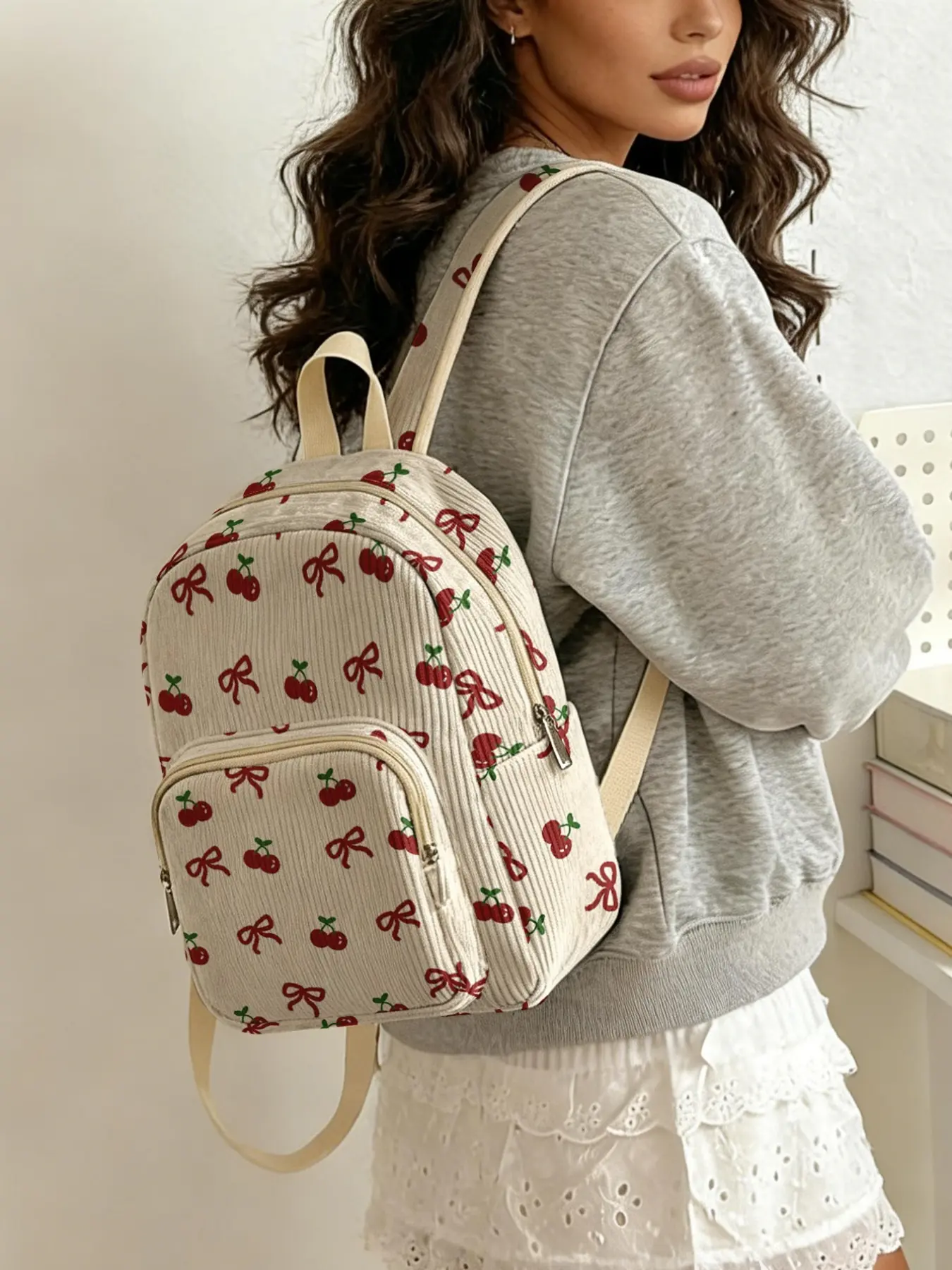 1 cherry bow pattern 2D printed ladies' casual lightweight backpack, Portable Lightweight Backpack, corduroy texture + layered storage + lightweight, perfect for students going to class/shopping/short trips, practical
