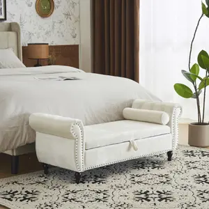 【Bellemave】Aijia 63" Velvet Multifunctional Storage Rectangular Sofa Stool Buttons Tufted Nailhead Trimmed Solid Wood Legs with 1 Pillow,Beige