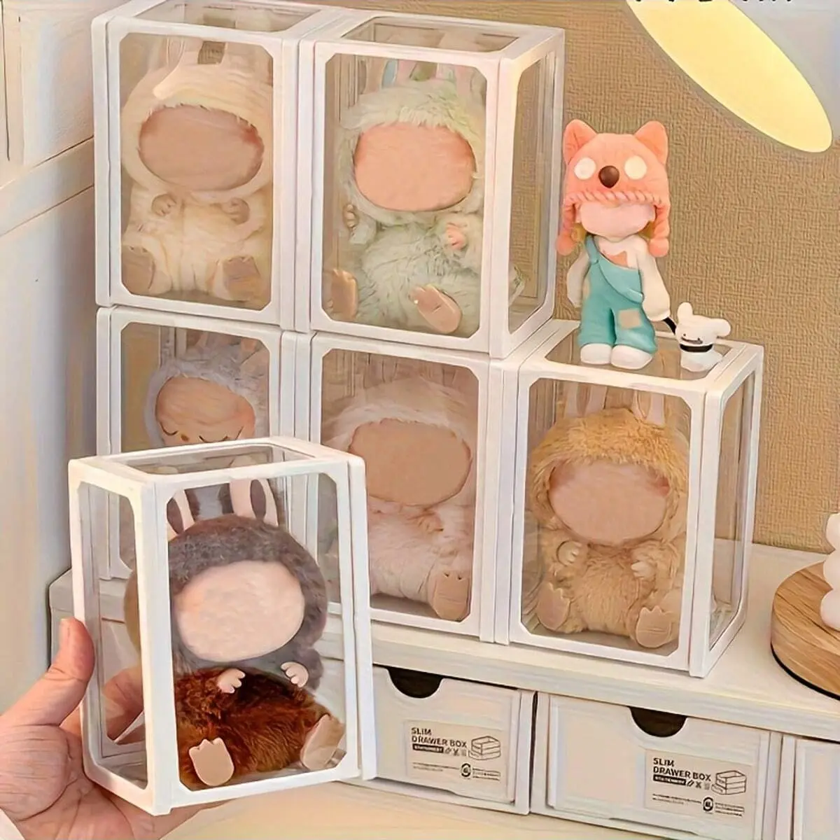 Labubu Display Cabinet Stackable Storage Box, Durable Storage Organizer, Box with Lid, Collectible Box, Multipurpose Storage, Pop Mart Doll Dustproof Case, Perfect for Displaying and Collecting Labubu Plush Toys, Collectibles Storage, Display Container