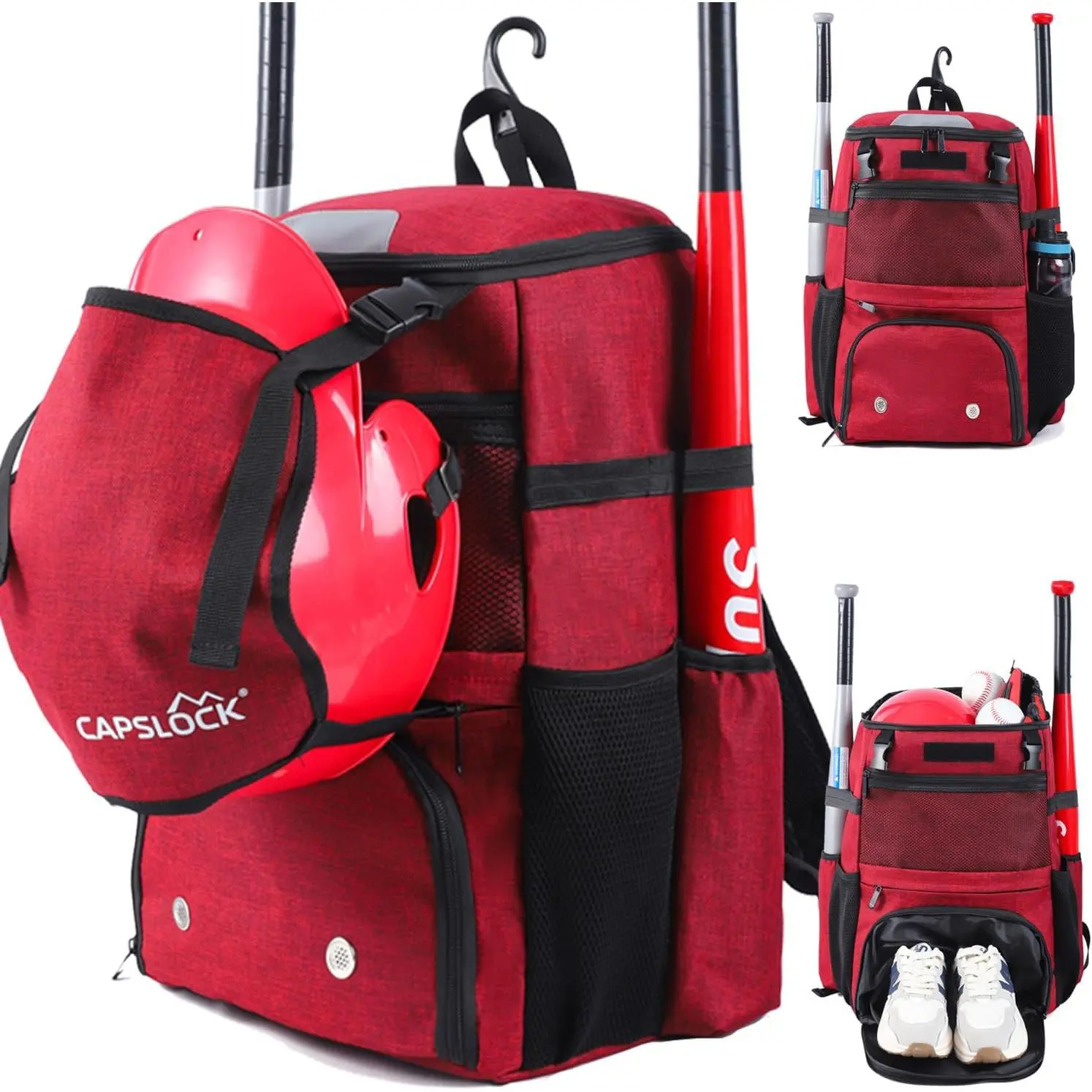 Baseball Softball T-Ball Backpack for Youth & Adults, Lightweight Sports Bag with Shoes Compartment, Fence Hook Hold, Bats, Helmet, Batting Mitten, Caps & Gear Storage, Fence Hook Hold Bat