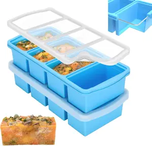 Silicone Freezer Trays with Lid,1-cup Soup Freezer Container large Ice Cube Molds with Reinforced Steel Ring Top for freezing Soup Sauce Broth Leftovers oven Dishwasher -Safe(2-Pack)