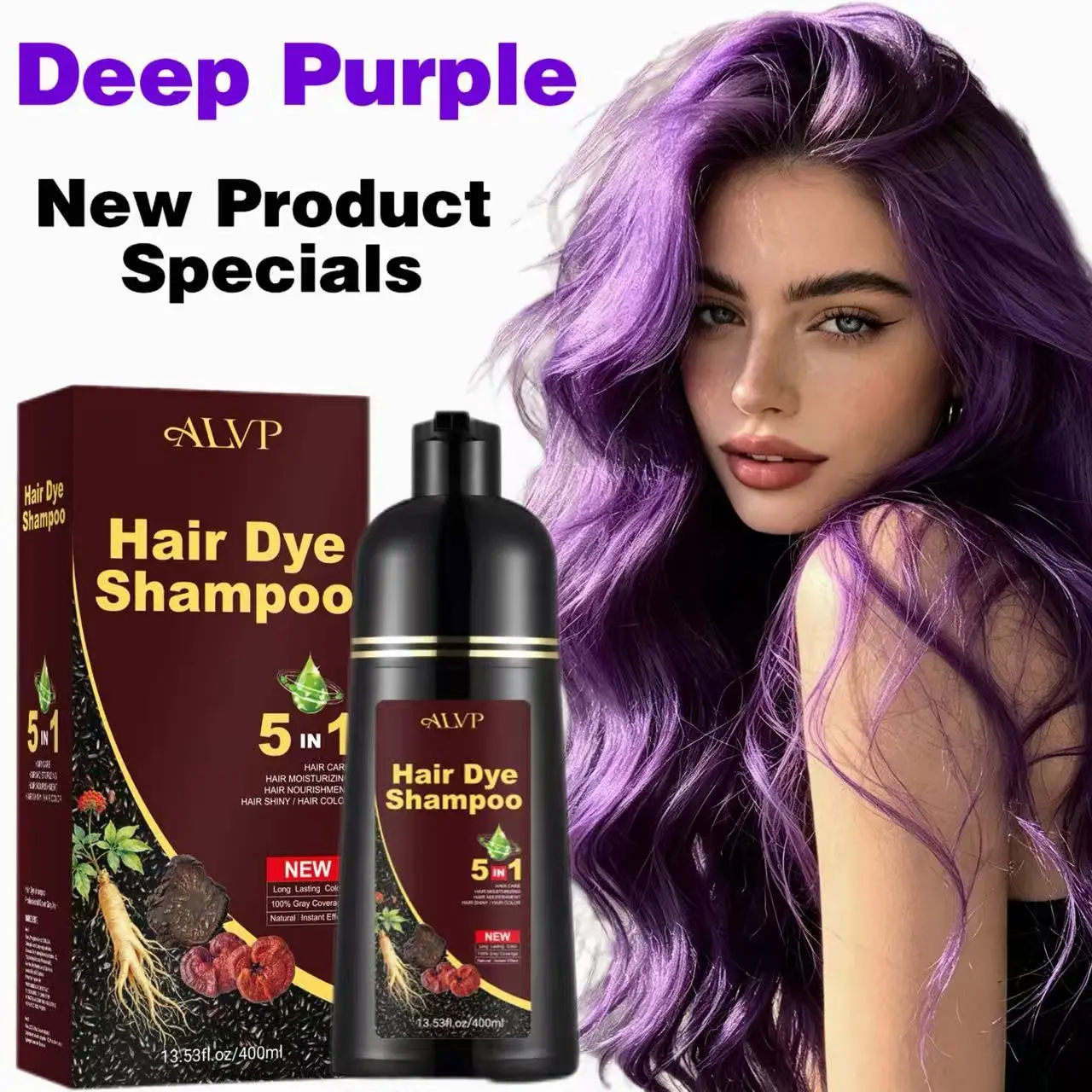 Hair Dye Shampoo for Grey Coverage & Root Touch Up, Mild Herbal Formula with Ginseng, Ammonia-Free, Wine Red Color for Men & Women, 400ml