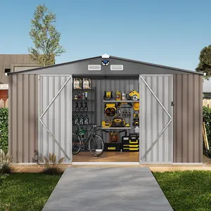 10x12 FT Outdoor Storage Shed, Metal Garden Tool Shed with Updated Frame Structure, Lockable Doors and Windows, Ideal for Backyard Garden Lawn, Brown