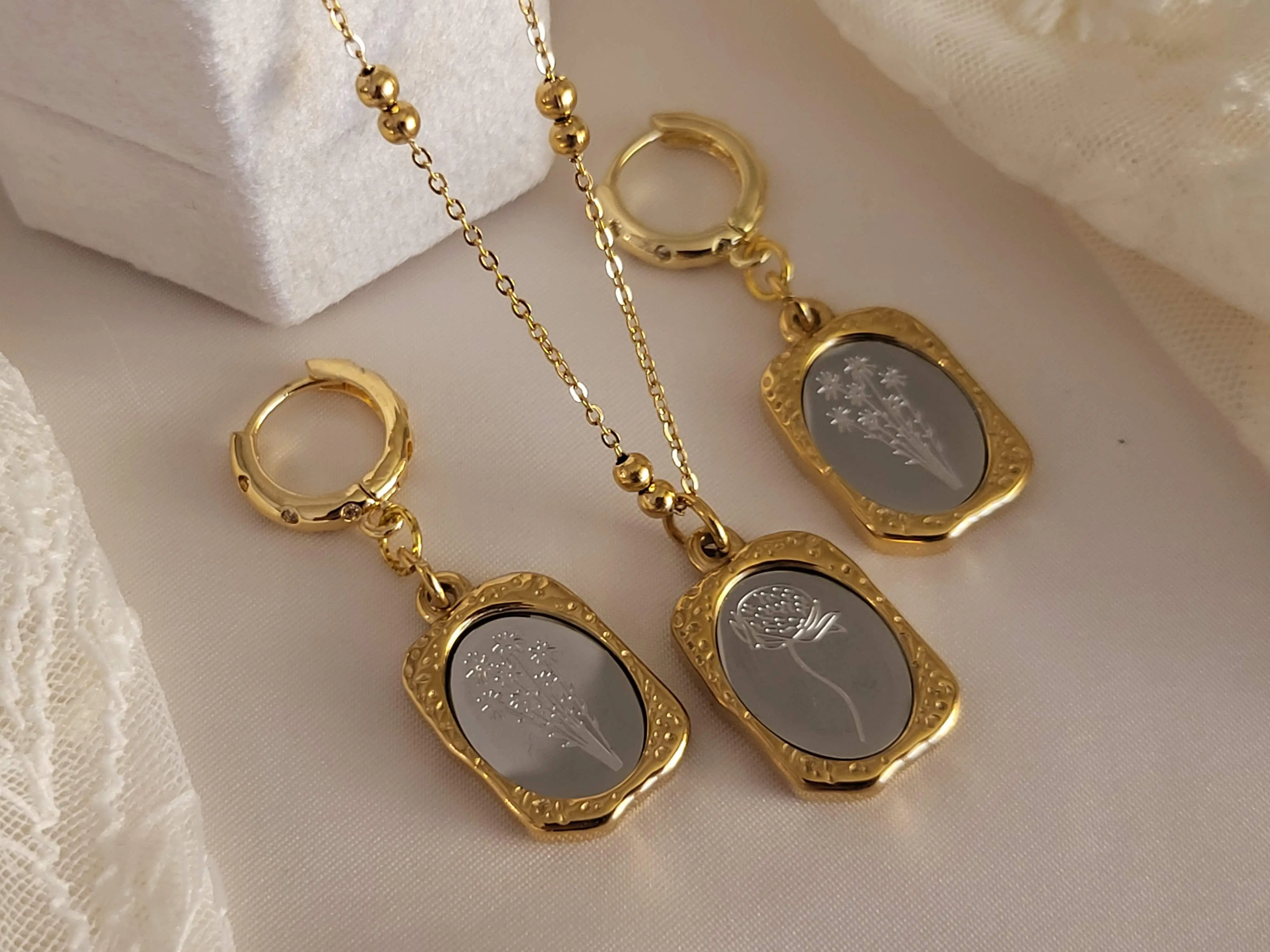 Stainless Steel Mirror Birth Month Flower Necklace & Earrings Set for Women
