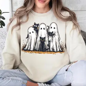Halloween Ghost And Cat Sweatshirt, Spooky Ghost Shirt, Preppy Floral Halloween Shirt, Boo Halloween Hoodie, Halloween Gifts, Black Cat Tshirt For Her