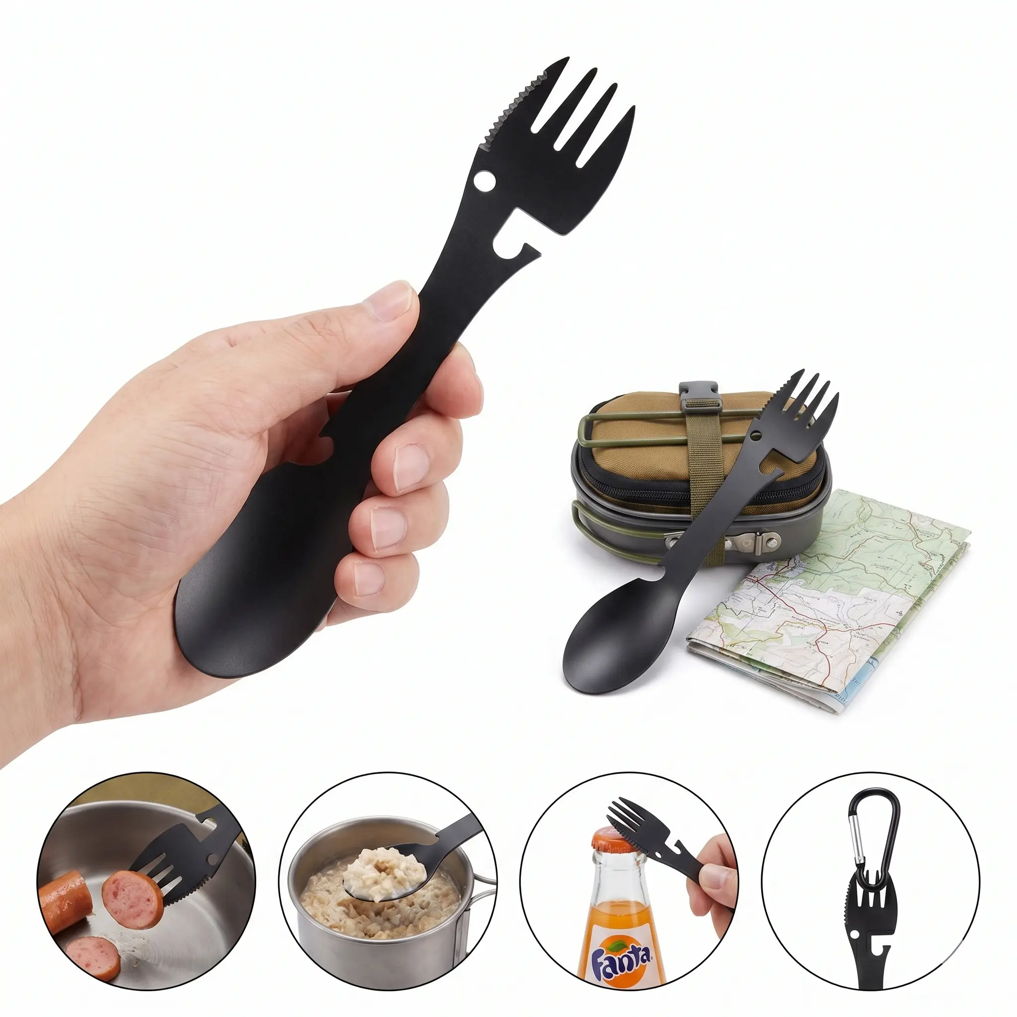 2-Pack Tactical Metal Spork Multi-Tool Eating Utensils - All-in-1 Spoon-Shape Design with Serrated Edge, Bottle Opener, Portable for Camping, Emergency Kits