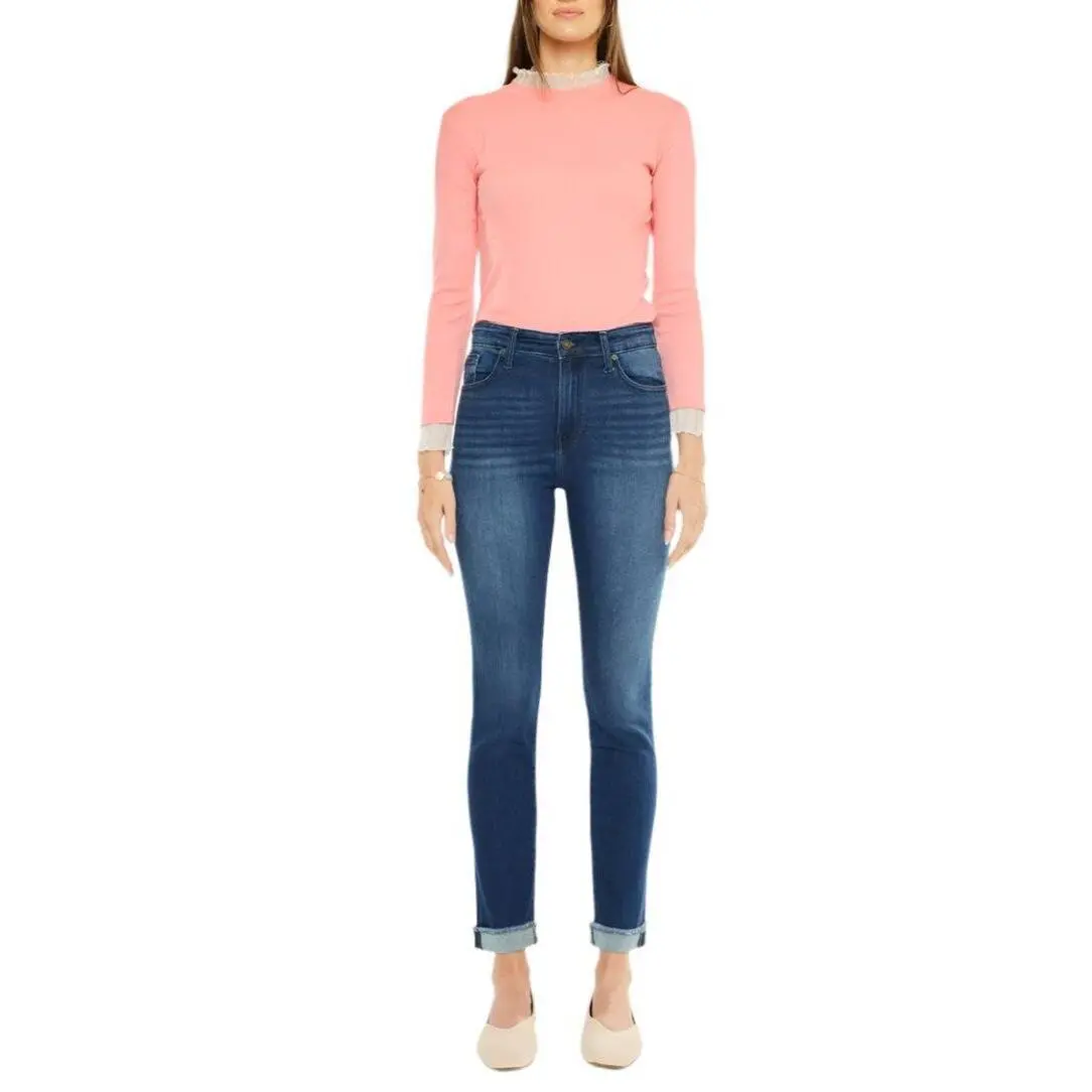Kancan Women's High-Rise Straight Cigarette Jeans - KC20000, 28" Inseam, Denim-Spandex Fabric, Cuffed Bottom, Pocket, Slim Fit, Chic Lady Fashion, Final Sale, Style, Leg, Pants