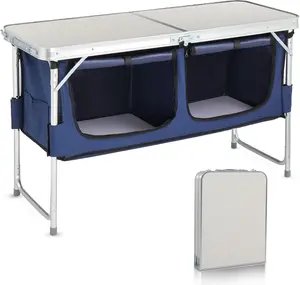 4 Ft Folding Table, Aluminum Camping Table, Picnic Table with Storage, Adjustable Height for Outdoor Beach BBQ Backyards Travel Party (White ＆ Blue)