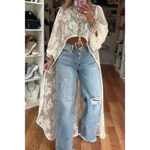 Women’s round-neck lace short front long casual top