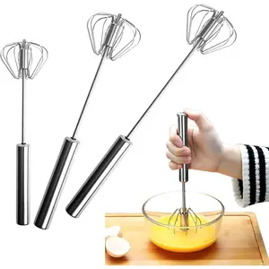 3-Piece Stainless Steel Egg Beater Set, Hand-Push Rotary Egg Beater Mixer, Multi-Functional Simple Egg Beater, Hand-Push Mixer for Beating Eggs, Frothing Milk, Stirring, Mixing, Whipping Smoothies and Milkshakes