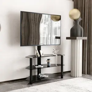 Corner Swivel Glass TV Stand with Mount for 32-70 Inch Screen TV up to 110lbs, Height Adjustable Corner TV Stand with Mount, Entertainment Center with TV Mount and 3-Tier Storage for AV Media
