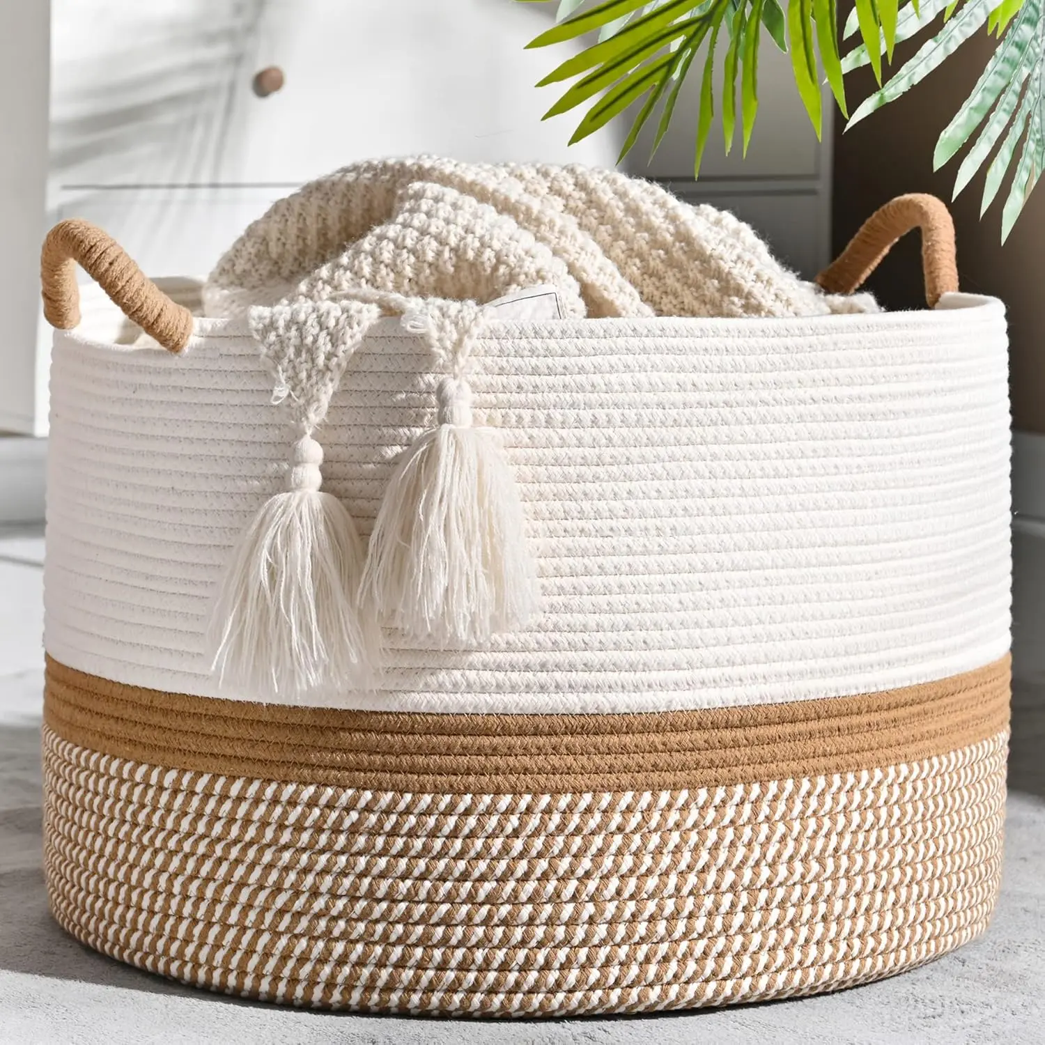 2Pcs A large family Large Blanket Basket (20"x13"),Woven Baskets for storage Baby Laundry Hamper, Cotton Rope Blanket Basket for Living Room, Laundry, Nursery, Pillows, Baby Toy chest (White/Brown)#SummerVibes