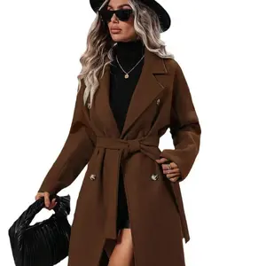 Women's collar thick medium length wool jacket with pockets, casual long sleeves, double breasted blended jacket, autumn/winter 2025