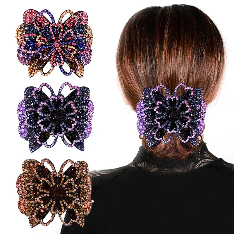 Women's 3-Pcs Vintage Crystal Rhinestone Hair Flower Clips - Butterfly Barrette with Secure Grip, Wedding Hair Decor, Valentine's Day Gift, Crystal Flowers, One Size