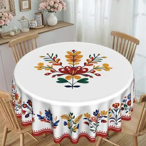 Traditional Folk Floral Print Round Tablecloth, 120g/m² Polyester, Furniture Protector, Party Decor, Hotel Restaurant Home Use