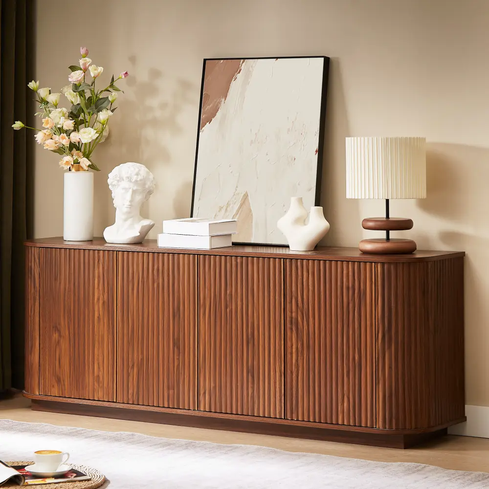 Walnut Multi-Functional Floor TV Stand - Modern, Adjustable Wood Cabinet with Wave Pattern, Vertical Stripes, Storage Buffet, Dresser for Living Room Indoor Decor, Modern Tv Stand