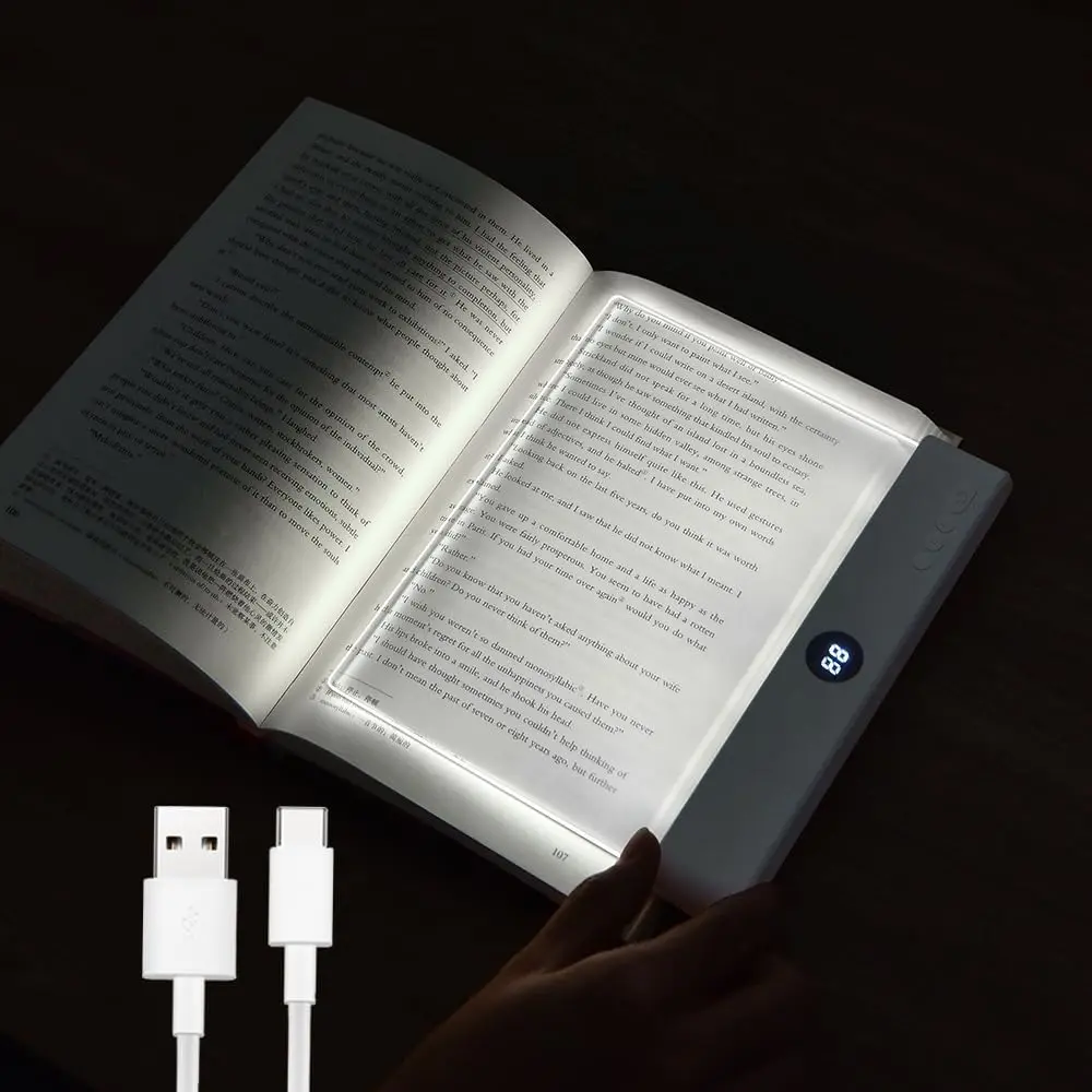 Rechargeable Clear LED Flat Book Light - 3-Color Dimmable Full Page Panel Lamp with Timer, Bedroom Decor Lamp, Bedside Night Light for Night Bed Reading, Ideal Gift for Readers