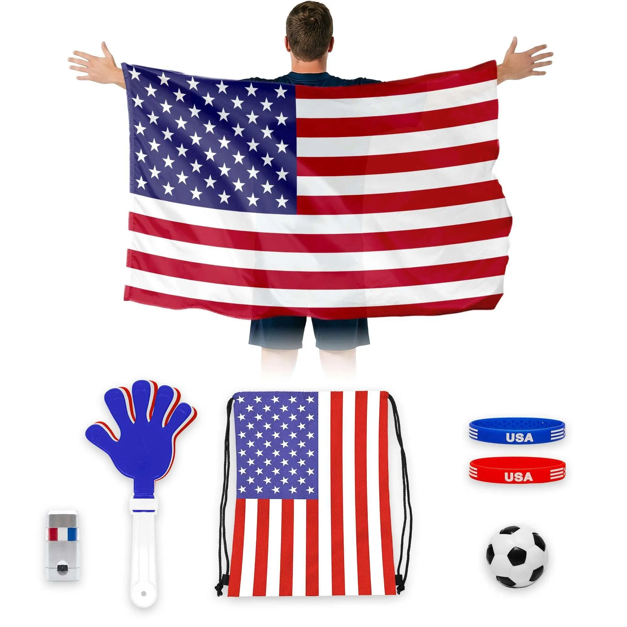G128 World Soccer Tournament 2026 Cup Soccer Fan Set 6PCS, USA Fan Merch with Flag and Bracelet, Accessories for Sports Parties