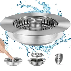 Upgraded 3 in 1 Kitchen Sink Drain Strainer Stopper - Stainless Steel, Pop Up Sink, Fast Drainage Filter, US Standard 3-1/2 Inch Sewer Strainer