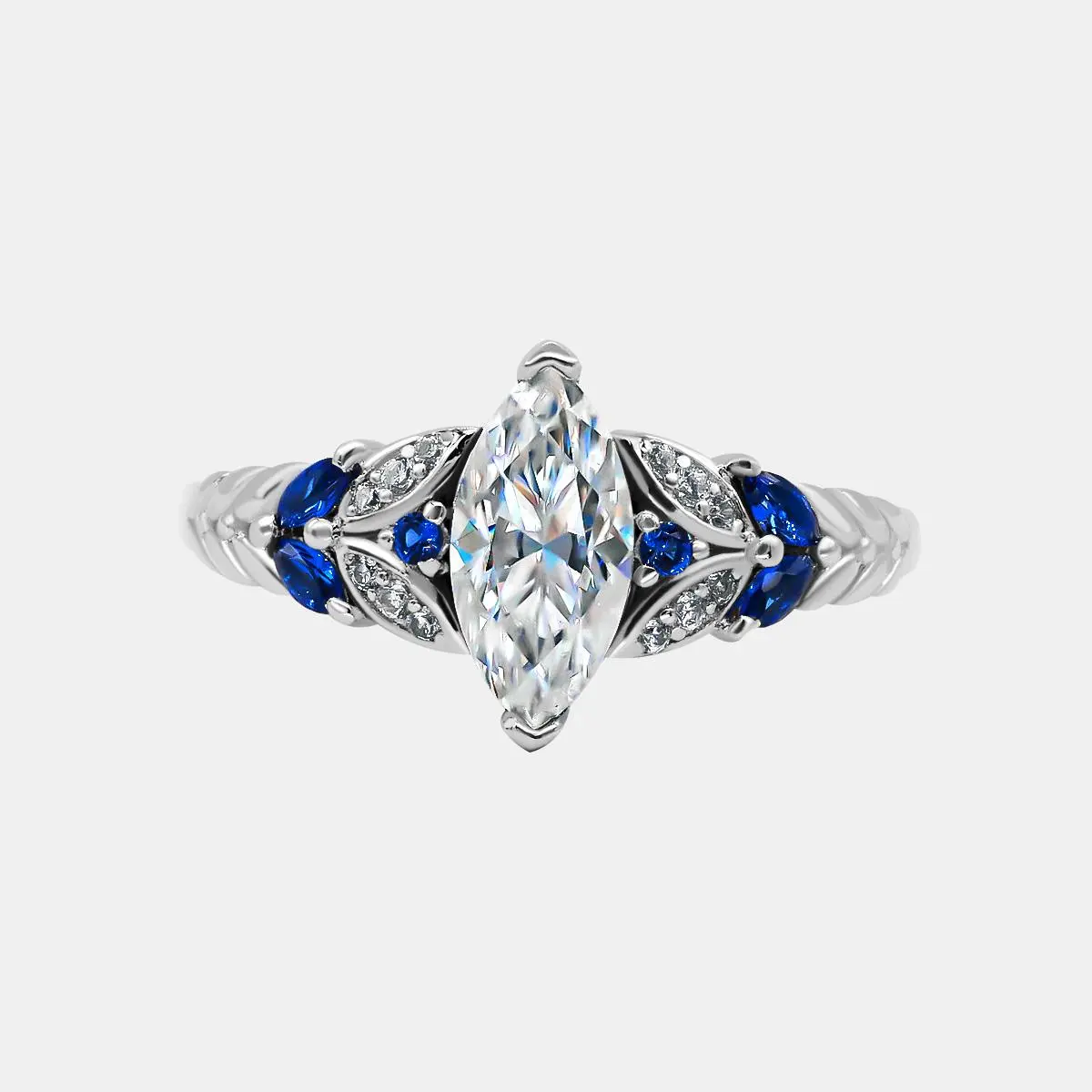 【733】New Year Promo "Springtime Symphony" Elegant Glittering Blue Adorned Laurel 1 Carat Marquise Cut Artificial Gemstone Ring, Marquise Cut Ring, Elegant Glittering Ring