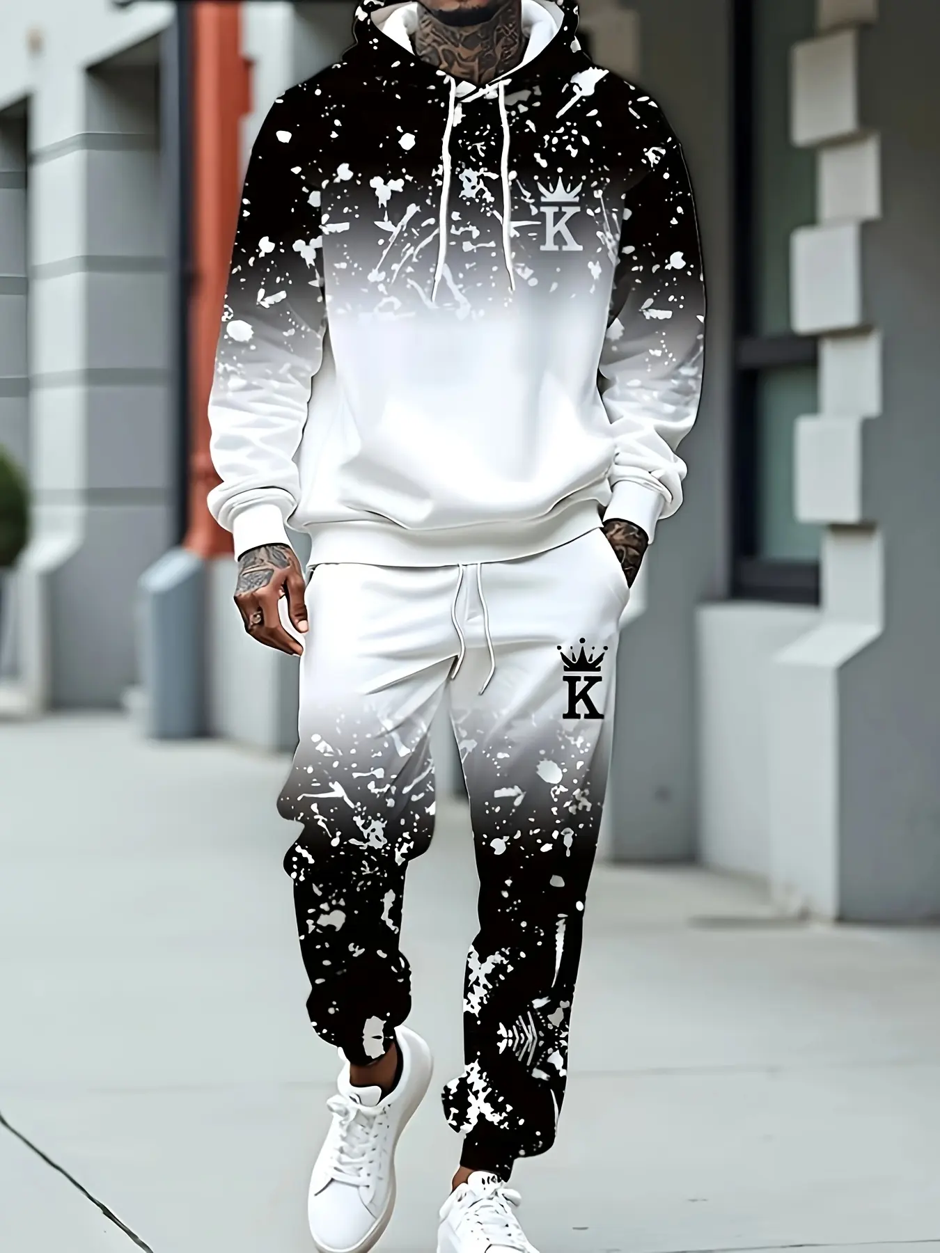 Men's Hooded Sports Set with Black and White Gradient Splash Ink Print, Street Chic Style, Casual Athletic Sportswear, Athleisure Sportswear Set, Athletic Sets, Sports Clothing