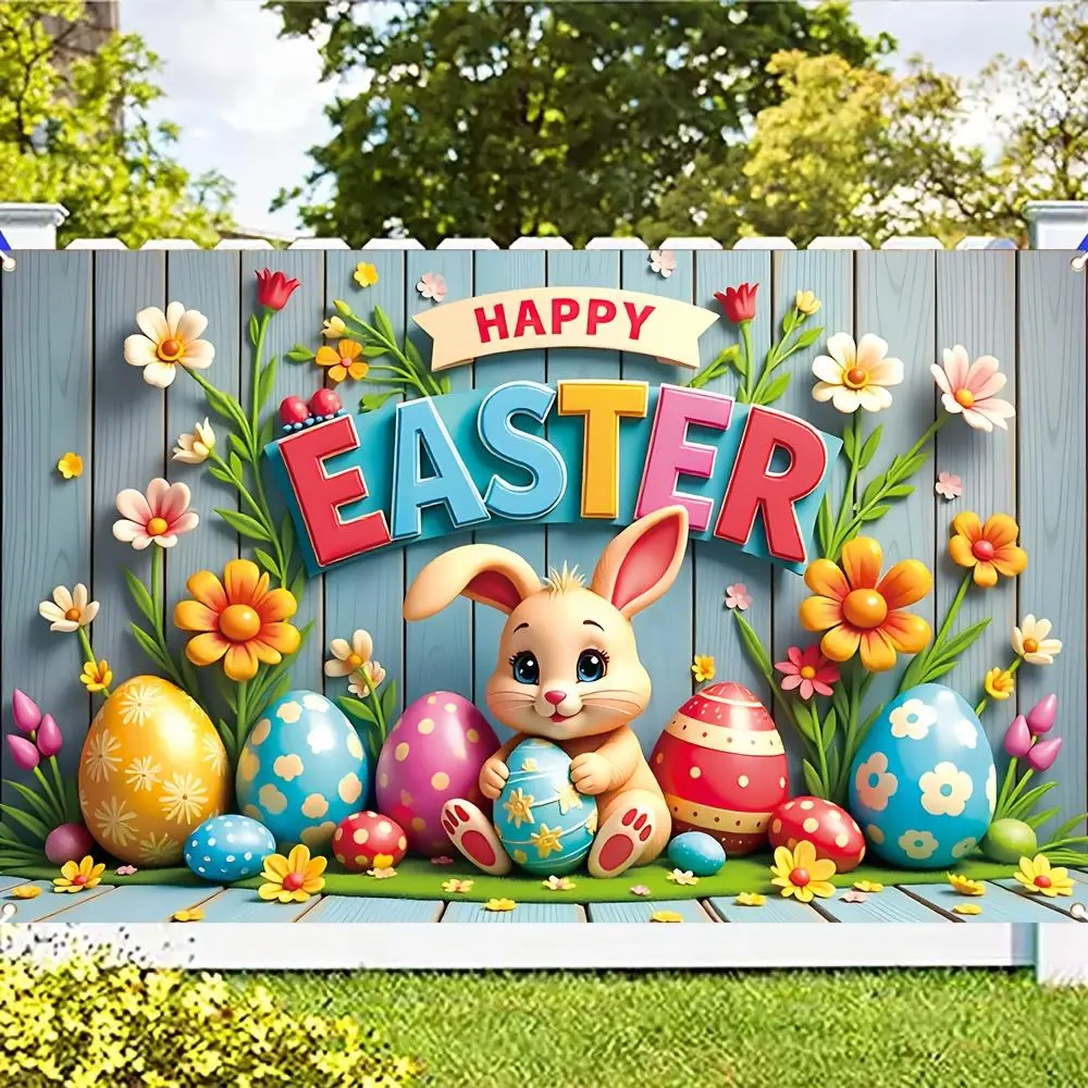 Easter Rabbit & Egg & Flower Pattern Backdrop, 1 Count Happy Easter Decoration Banner, Photo Background for Home Party Decoration, Party Decorations Banners, Ornaments, Garden, Room Decor Banner