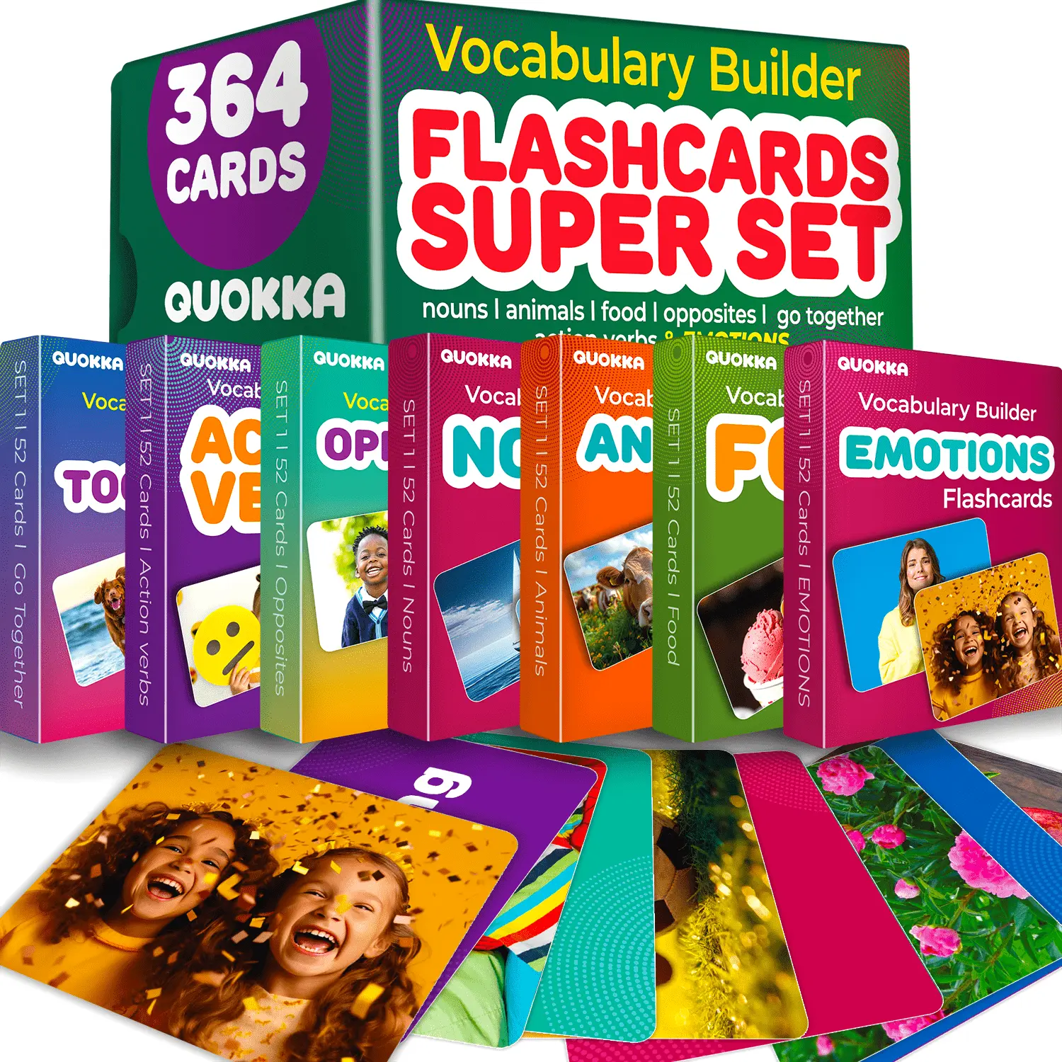QUOKKA Playful Flash Cards - 364-Count Educational Vocabulary Sets for 5 Years Above, Bold Fonts, Real Photos, Speech Aid, ESL Learning, Cognitive Flexibility, ABA Therapy Tools