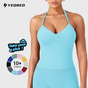 YEOREO SoftHue Impact Longline Strappy Top Women's Halter Workout Tank Tops Backless Gym Longline with Adjustable Strap