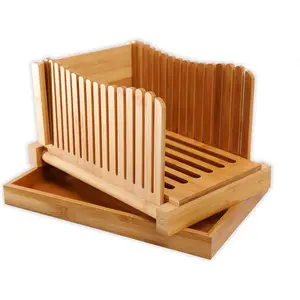 GloBamboo  Bread Slicer with  Board For Homemade Bread, Adjustable, Compact, Foldable and Customizable Loaf/Cakes/Bagel Slicer, 3 Slice Sizes with Serving and Crumb Catcher Tray
