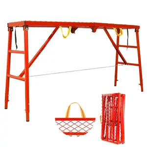 Folding Scaffolding Platform 69"x15"x53", 770 Lbs Capacity, Adjustable Steel Industrial Work Platform, Heavy Duty Scaffold with Anti-Slip Surface for Construction Sites and Renovations, Red