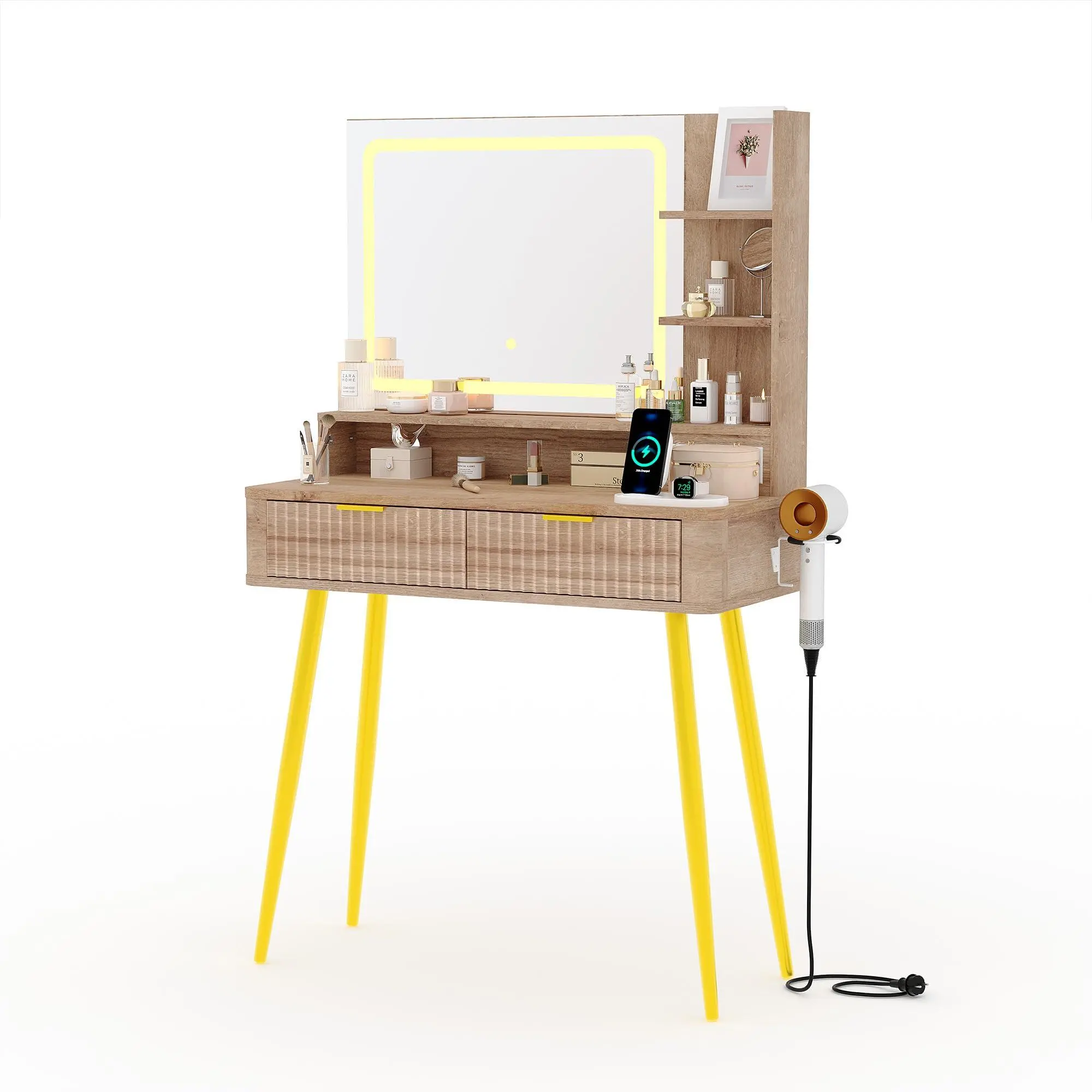 GARVEE 31-in Modern Wood Frame Vanity Desk with LED Mirror, 3-Color Lights, Fluted Design, Storage Cabinet, Drawers, Outlet & Hair Dryer Holder for Bedroom