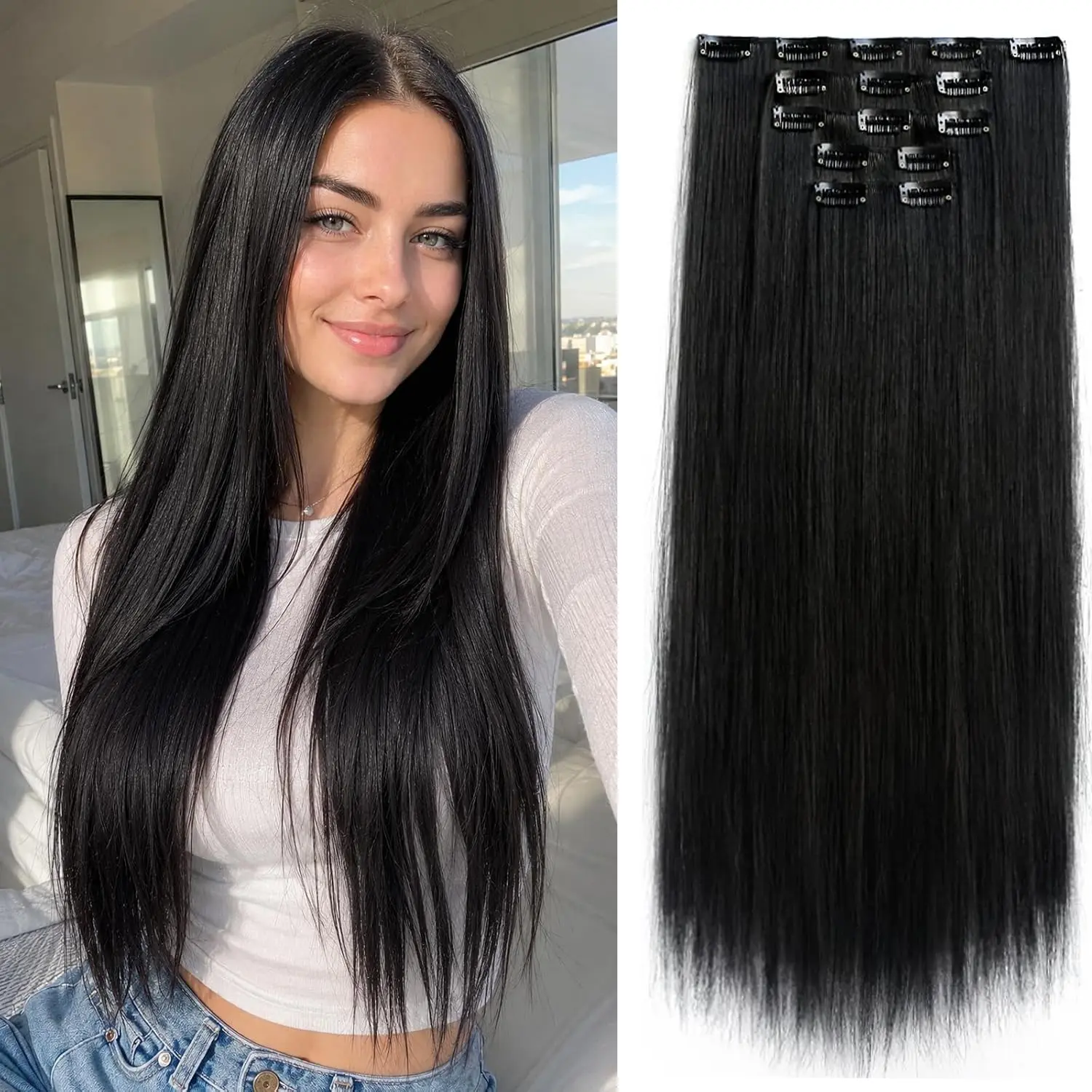 Clip in Extensions 18 Inch Invisible Long Synthetic Extension 6PCS Straight Fake Soft and Not Easily Knotted Clips on Hair Pieces for Women Grils Weddings Party Daily Use