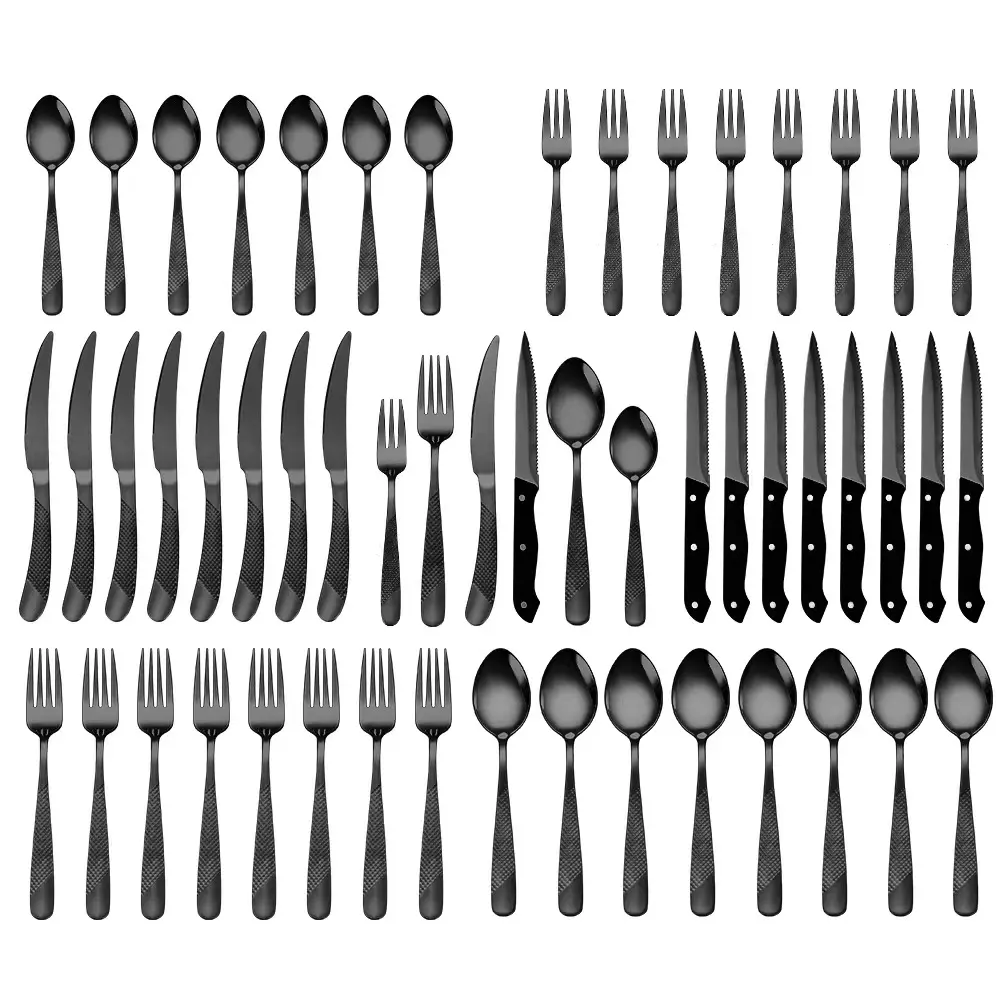 48-Piece Classic Hammered Metal Flatware Set for 8 (Fits 6-10 People) - BPA-Free, Rustproof Finish Stainless Steel Tableware with Steak Knives, Forks, Spoons, Scratch-Resistant Cutlery for Everyday, Daily Use, Housewarming, Camping/BBQ Party