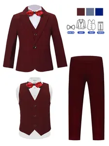 4 Piece Formal Boys Suit Set with Blazer, Vest, Trousers and Bow Tie, Perfect for Weddings, Graduations, Church, and Special Occasions-1805