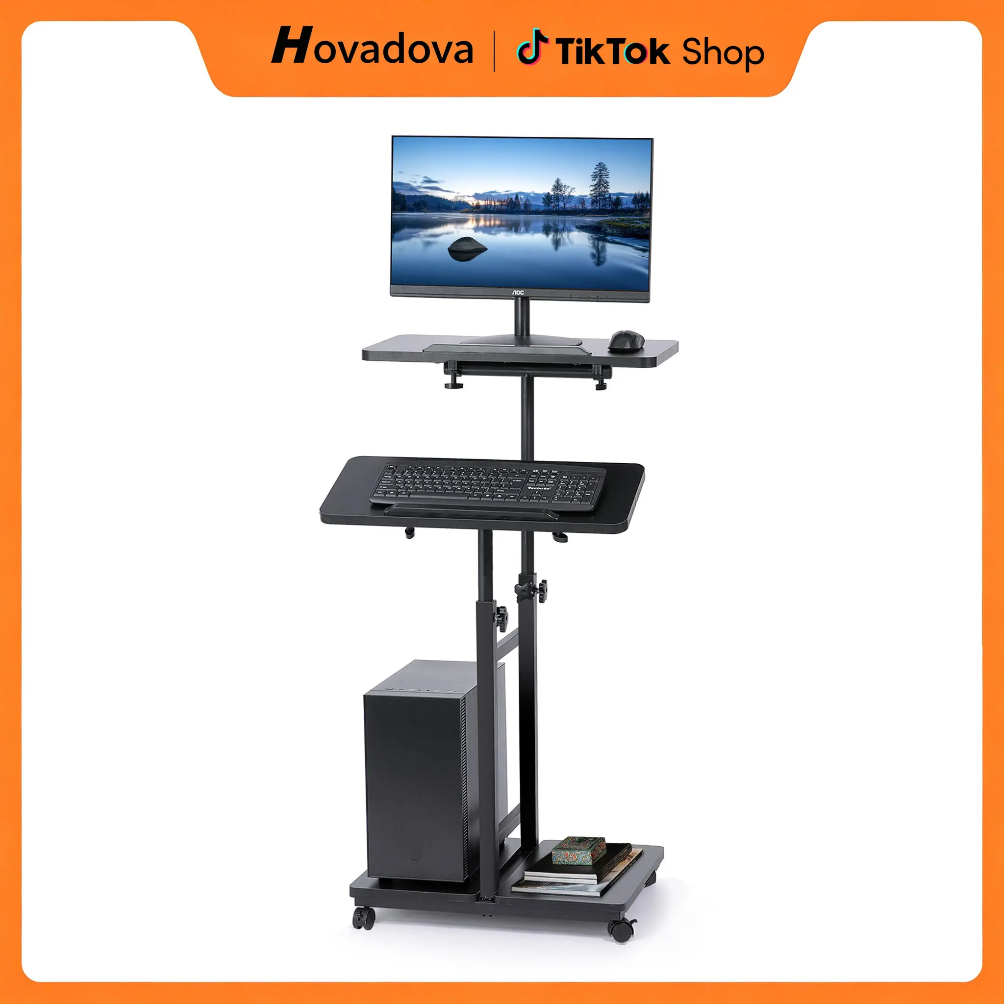 Density Board Rectangular Mobile Computer Cart with Tower Stand - 27.5"-47.2" Adjustable Standing Desk, Rolling Standing Desk, Portable Wheel-Equipped Home Office Workstation, Height Adjust