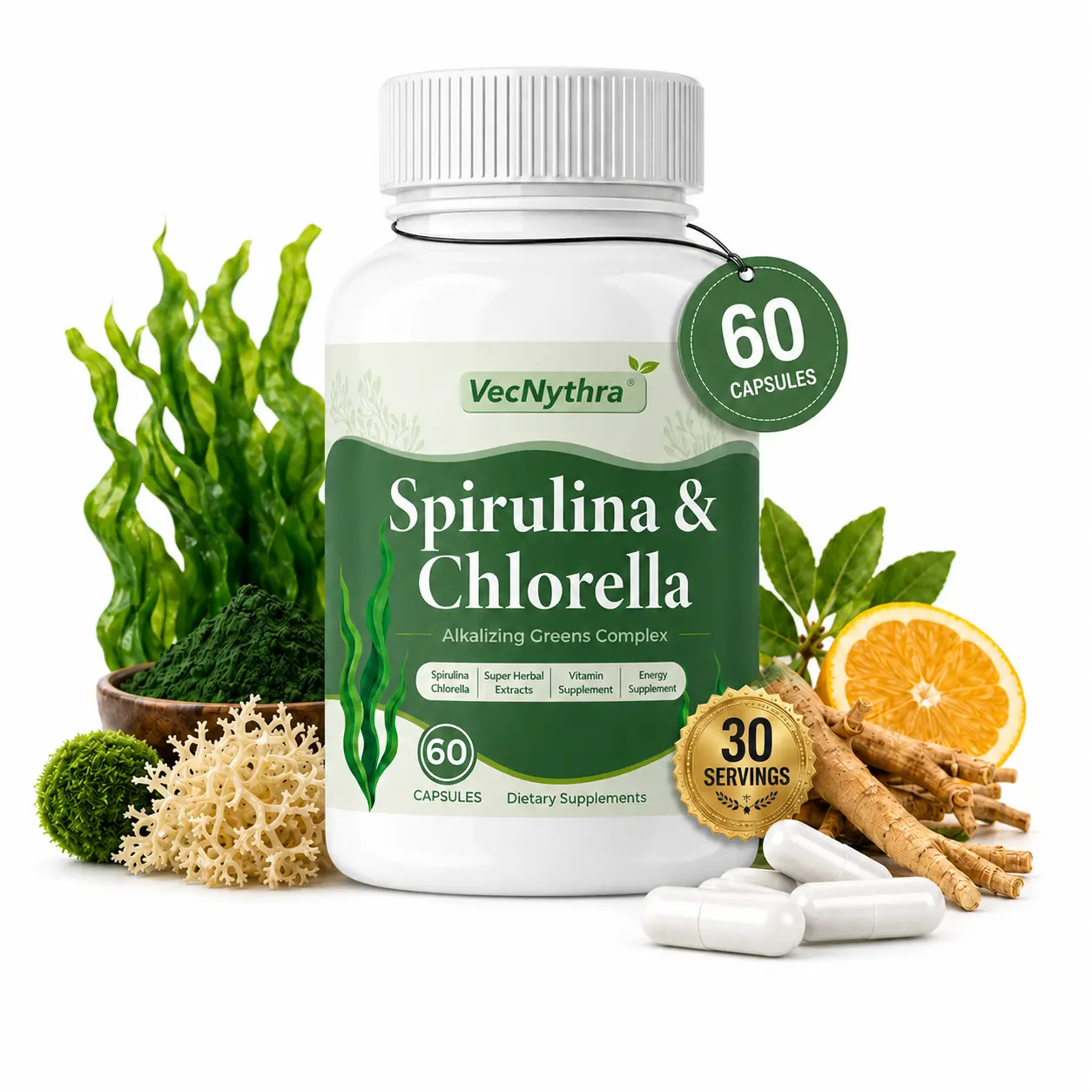 VecNythra Spirulina & Chlorella Vegan Capsules, Gut Health Support, Green Superfood Botanical Blend, Daily Dietary Supplement