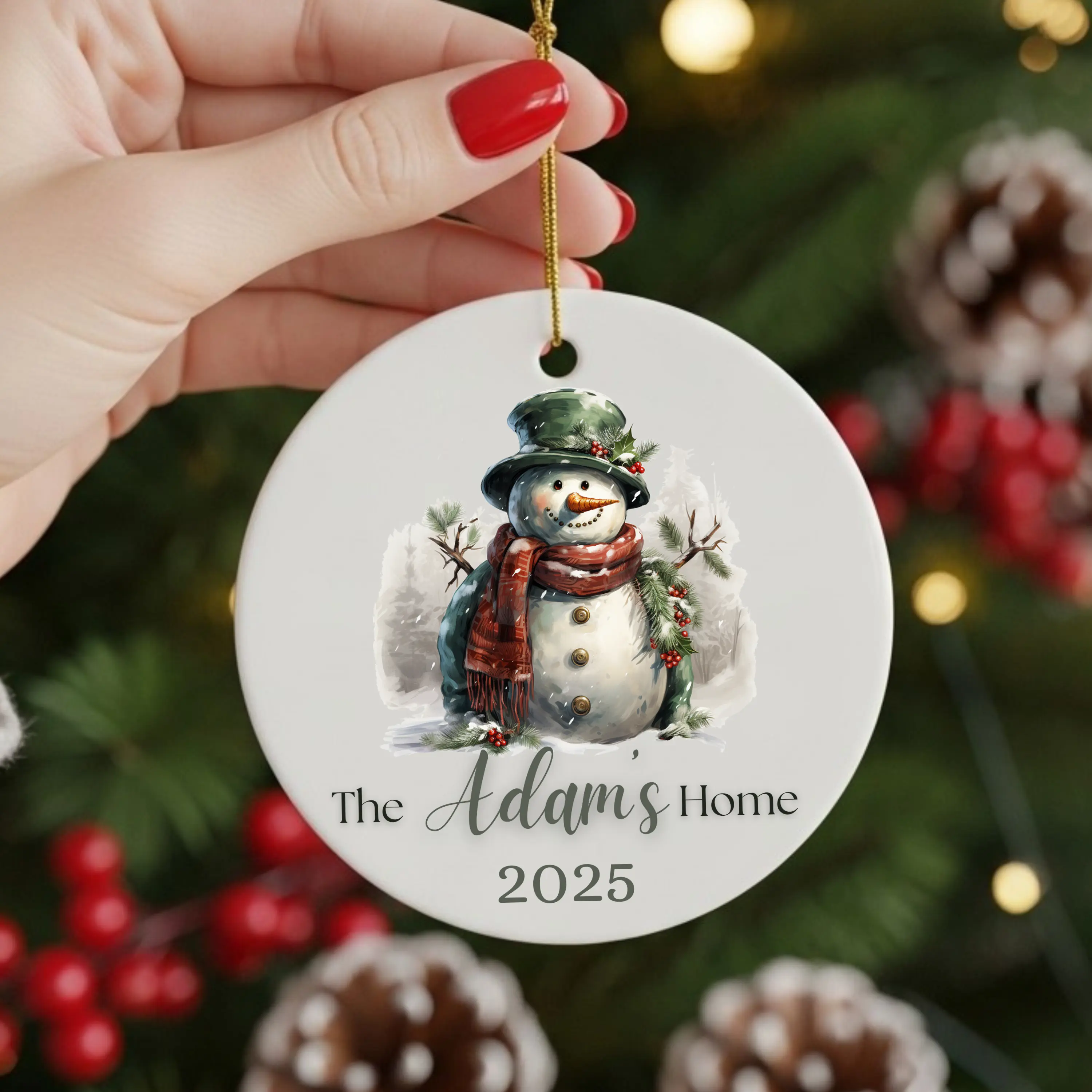The Adam's Home 2025 Personalized Ceramic Christmas Ornament with Watercolor Snowman in Top Hat & Scarf Custom Family Keepsake 1 Side High-Quality Glossy Ceramic 3.5 Inches Diameter Tree Print Round Decoration