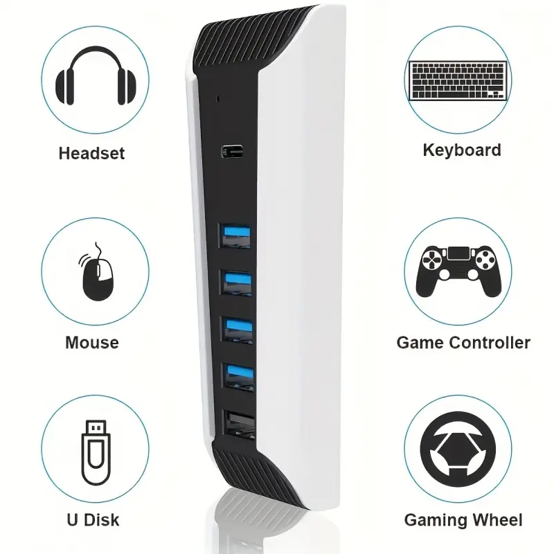 6-in-1 USB hub for PS5, Multiple USB Port, USB C Adapter Multiport, featuring 4 USB 2.0 ports, 1 fast USB charging port, and 1 Type-C port, high-speed plug-and-play adapter for PS5 (not compatible with PS5 Slim/Pro models