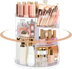 Makeup Organizer Rotating Large Capacity 360 Degree Carousel with Brush Compartment Clear Acrylic Spinning Cosmetic Box for Countertop Vanity Bathroom Bedroom Gift