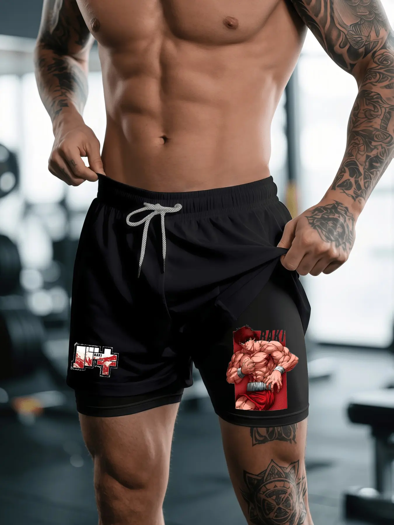 Baki Graphic Gym Short, Mesh 2-In-1 Performance Breathable Shorts, Sports Workout Shorts with Pockets, Casual Streetwear for Men