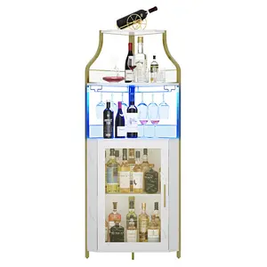 Gold Corner Bar Cabinet with LED Lights, Industrial Liquor Cabinet with Adjustable Shelf, 5-Tier Industrial Wine Cabinet with Glass Holder, Home Bar Cabinet, Coffee Bar Cabinet Bottle Storage