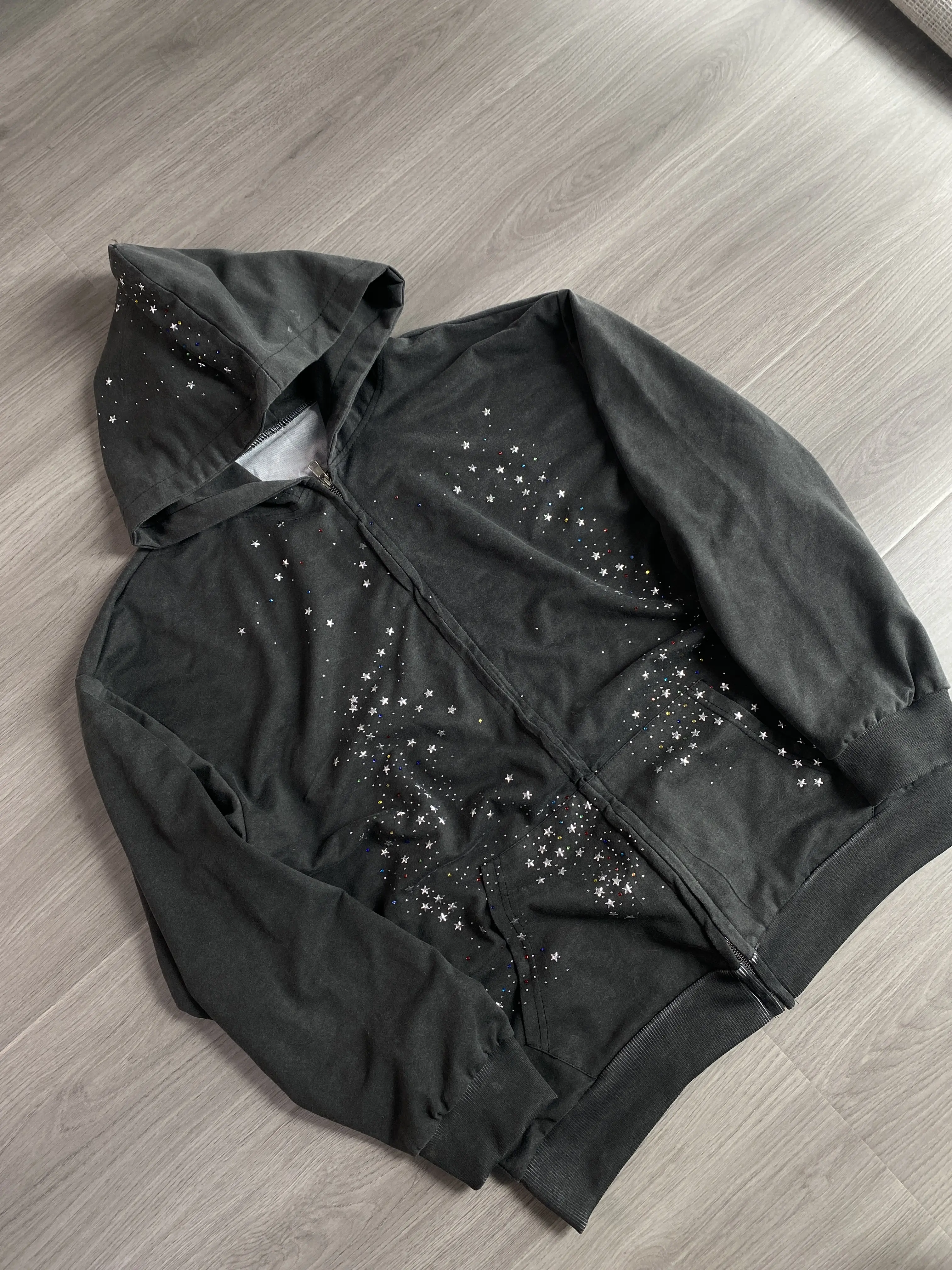 Sparkly Rhinestone Star Zip Hoodie Vintage Washed Oversized Y2K Grunge Hooded Sweatshirt