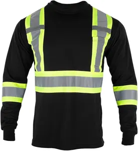 Men's High Vis Safety Work T Shirt ANSI Class 2 Reflective Long Sleeve Shirt with Pocket