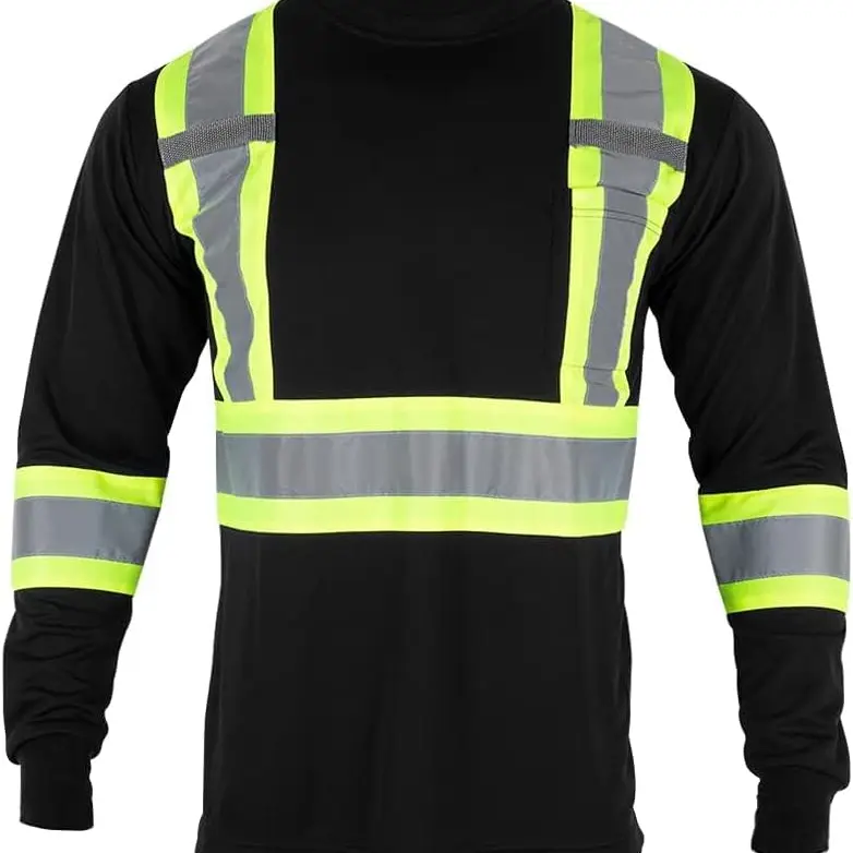 Men's High Vis Safety Work T Shirt ANSI Class 2 Reflective Long Sleeve Shirt with Pocket