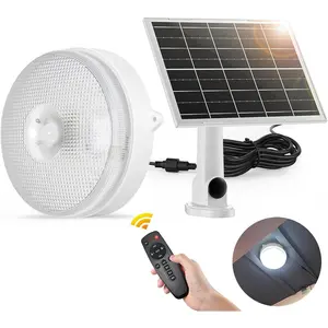 Solar Ceiling Light with Motion Sensor, 30S/60S Timer, 4 Modes Tricolor Dimmable Daytime, with Remote & ON/Off Switch, Waterproof Indoor/Outdoor Solar Shed Lights for Barn Porch Chicken Coop