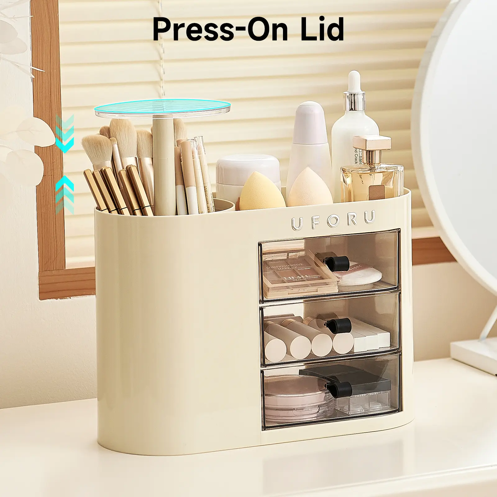 Classic Eco-Friendly Makeup Organizer Box - 1-Touch Open Design, 4-Slot Brush Holder, Accessible Cosmetic Trays, Drawers for Vanity Organization, Organizer Storage, Drawer Keeps Tidy, Cosmetics Storage on Bathroom Countertop