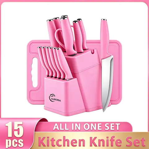 Kitchen Knife Set -15 Pieces, Solid Wooden &Plastic Holder, Chef's Knife,Japanese Knife, Meatand Vegetable Cutter, Chicken Bone Trimmer, GiftSet Utensils Cutting Storage Modern Block HomeMulticolor Stainless Steel German Steak Premium Sharpener with,summe